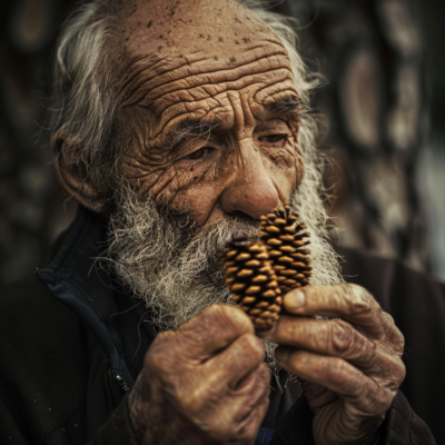 bearded_grizzzled_old_man_sniffing_two_pine
